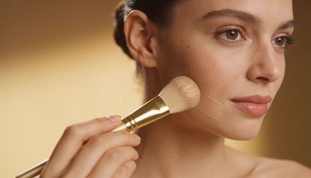 Applying foundation with gold-ferrule brush closeup glowing skin beauty portrait studio