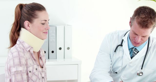 Female Patient with Neck Brace Consulting with Male Doctor - Download Free Stock Images Pikwizard.com