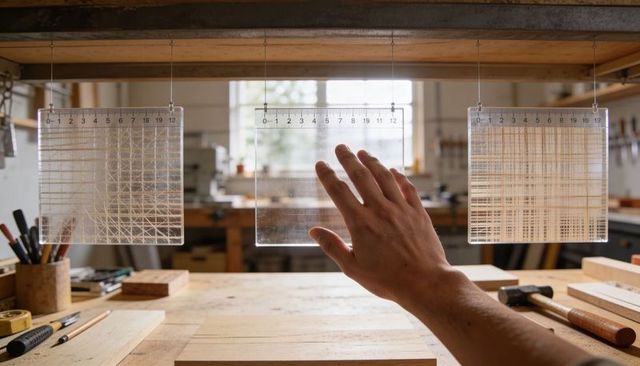 Right hand aligning ruler-marked acrylic grid panel over wood workbench in bright workshop