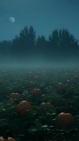 Vertical video gliding through moonlit pumpkin patch under misty twilight