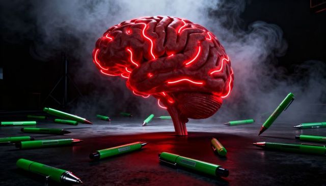 Neon brain with glowing red circuits and green pens representing ai coding and async apis