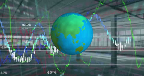 Rotating Globe Overlapping Financial Graphs Representing Global Economy