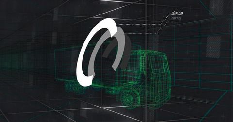 3d wireframe truck with overlapping logo on futuristic grid for logistics technology