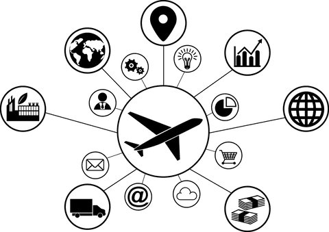 Flying plane with connected icons on transparent background