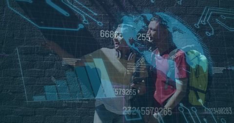 Friends Exploring Location with Overlay of Digital Data Interface - Download Free Stock Images Pikwizard.com