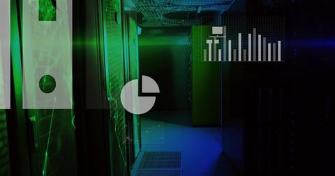 Illuminated server racks with data graph overlay in server room