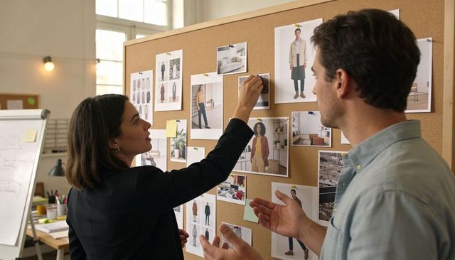 Designers collaborating over fashion and interior moodboard in creative studio