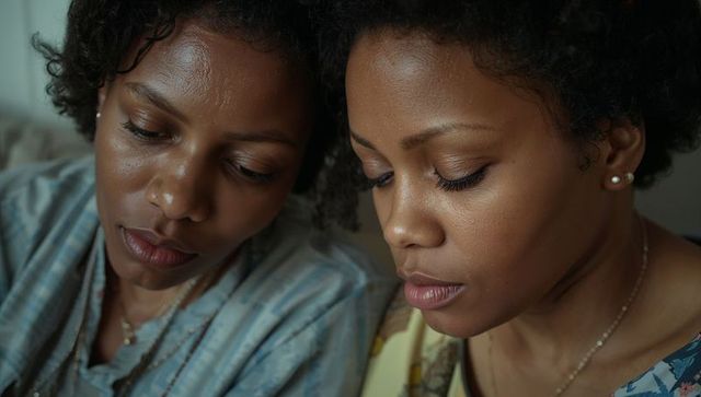 Leaning together and looking down, intimate closeup of two women sharing quiet moment