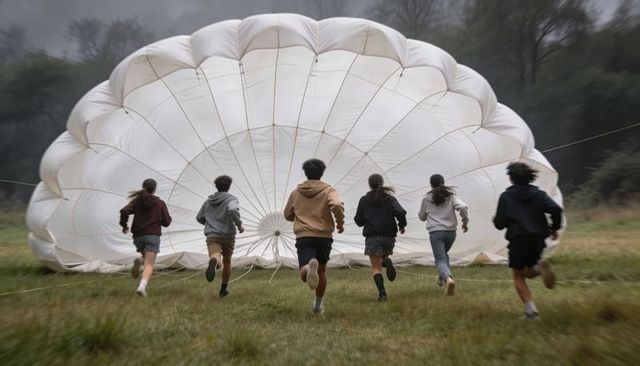 Teenagers running toward parachute canopy on misty meadow, teamwork adventure