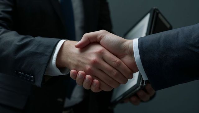 Close-up handshake between business executives in dark suits holding tablet for corporate deal