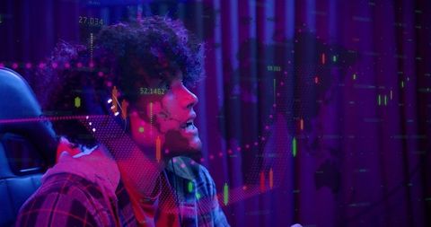 Neon streamer wearing headphones and hoodie speaking into mic with candlestick charts