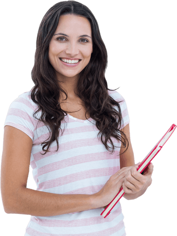 Smiling woman holding notebook on transparent background for education design