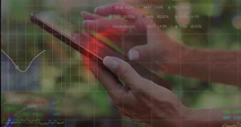Hands Interacting with Financial Graph on Tablet Display