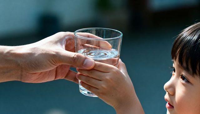 Adult handing glass of water to child showing caring hydration and trust close-up outdoors