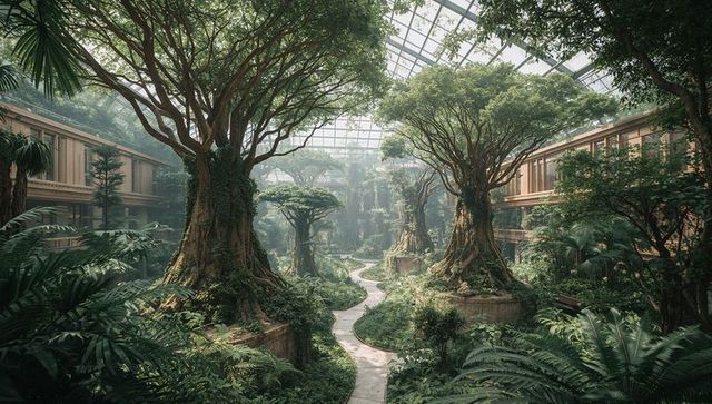 Indoor arboretum with towering ancient trees, winding path and sunlit glass conservatory canopy