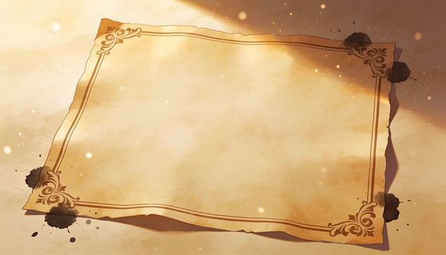 Ornate aged parchment with decorative flourish border, warm diagonal light and ink splatters
