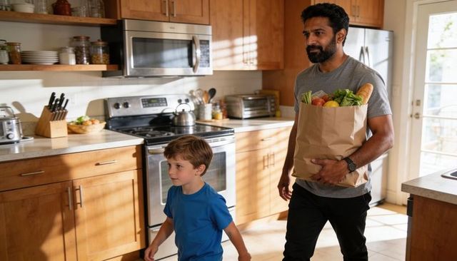 Father carrying groceries walking through sunlit modern kitchen with young son