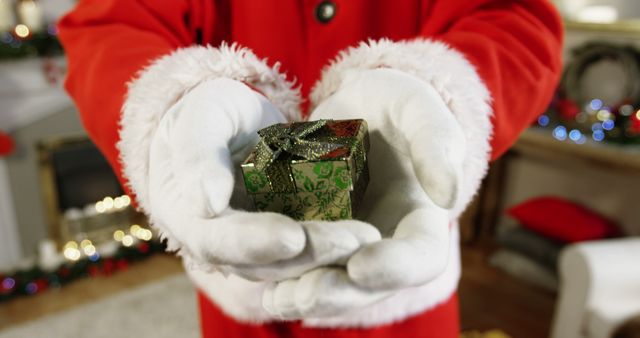 Santa Claus Holding Tiny Gift Box with Bow - Download Free Stock Images Pikwizard.com