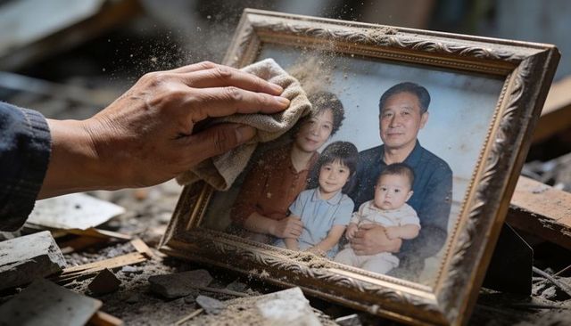 Wiping dust from ornate family portrait frame in derelict home revealing memory and loss