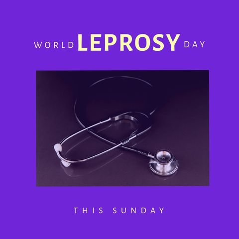 purple-toned design emphasizing world leprosy day, suitable for health awareness campaigns and educational materials. highlights stethoscope as a symbol of healthcare, promoting awareness and support for those affected by leprosy. useful in social media posts, health blogs, or awareness events focused on disease eradication and public education.