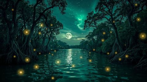 Mystical Nocturnal River with Fireflies and Moonlight