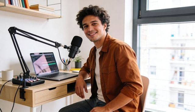 Young male podcaster recording from home studio with laptop, boom microphone, mixer