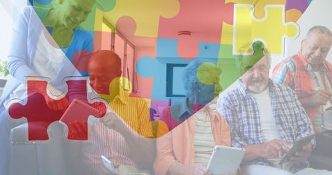 Seniors using tablets with puzzle heart symbolizing support and learning