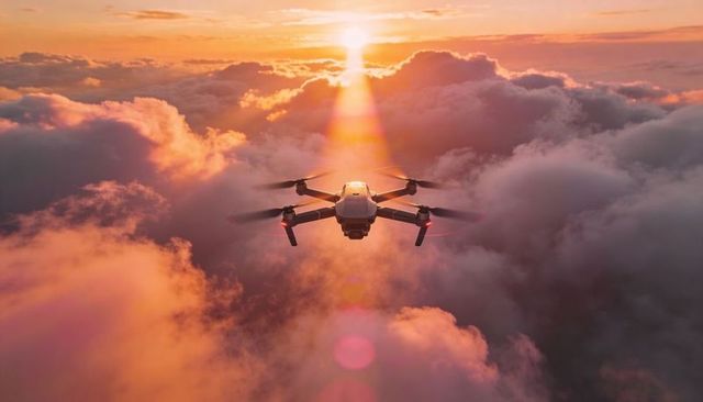Compact quadcopter flying above colorful sunset clouds with spinning rotors and camera