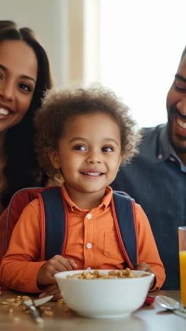Toddler eating cereal smiling with parents leaning in for warm family breakfast