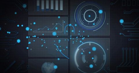 Futuristic HUD Dashboard with Radial Gauges, Line and Bar Charts, Teal Circuitry Glow