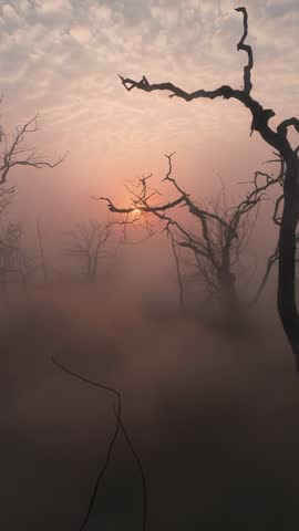 Vertical panning over foggy marsh at dawn, sun rising through gnarled tree silhouettes