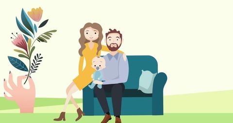 Illustration of happy family on sofa with floral accent