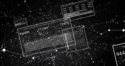 Monochrome Futuristic Data Network with Floating Panels, Keyboard Grid and Numeric IDs