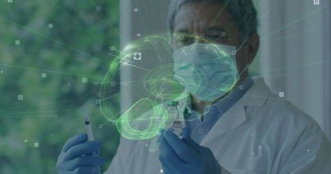 Clinician preparing syringe from vial with holographic 3d brain overlay for neuroresearch