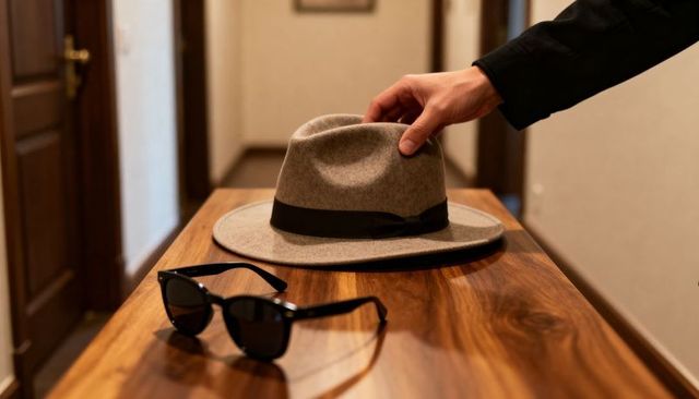 Reaching right hand touching gray fedora on entryway console with sunglasses and woodgrain