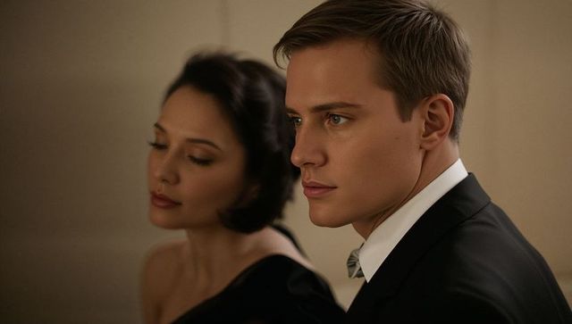 Elegant couple wearing formal attire in warm interior, man in dark suit and bowtie
