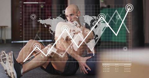 Athlete Training Core Strength Holding Medicine Ball with Global Data Graph Overlay