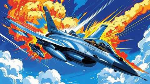 Futuristic f16 fighter jet soaring against explosive backdrop
