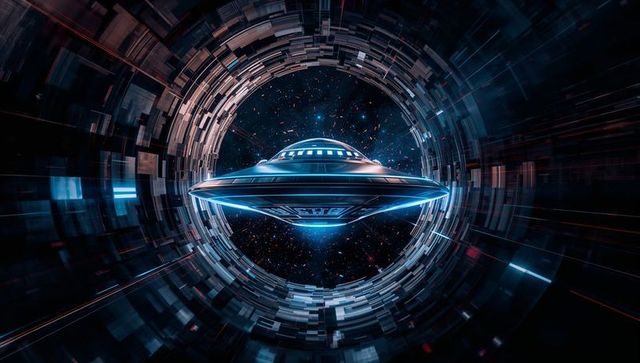 Futuristic spacecraft navigating glowing sci-fi tunnel