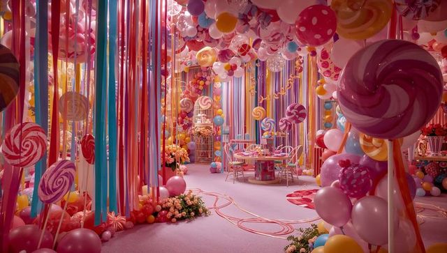 Candy Wonderland Party Room with Pastel Lollipops, Balloon Arch, Ribbon Curtains