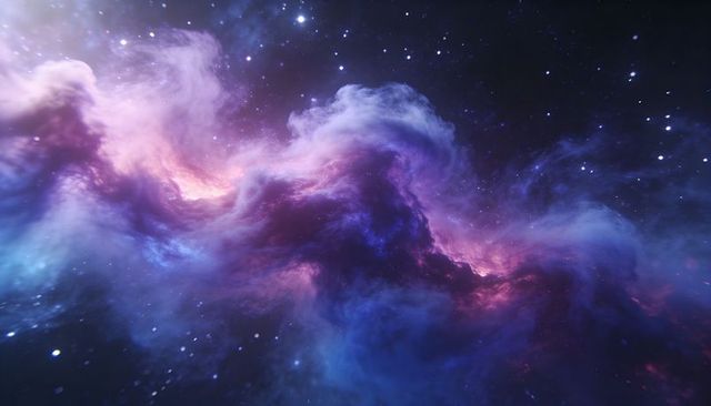 Billowing Cosmic Nebula Streaming Across Deep Space Luminous Core Vivid Purple-Blue Clouds