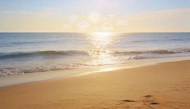 Sun casting golden reflection across calm ocean with doodle weather icons, beach footprints