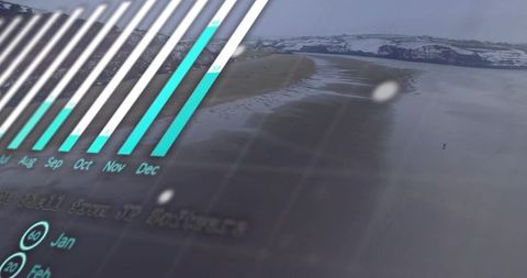 Data visualization overlaying winter shore with lone walker on tidal flat, minimalist seascape