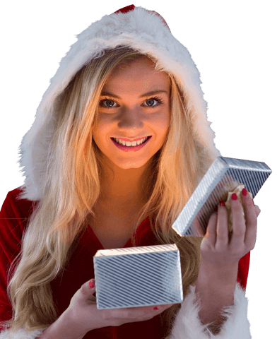 Smiling Woman in Santa Outfit with Christmas Gift with Transparent Background