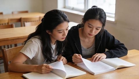Two Asian students studying together in classroom flipping spiral notebooks