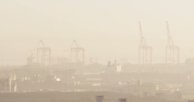 Dense morning fog enveloping a coastal harbor scene with large cranes barely visible. Ideal for illustrating atmospheric conditions, shipping industry themes, or urban landscape backgrounds.