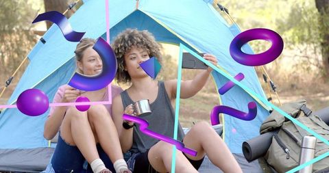Friends Taking Selfie in Blue Tent During Camping Trip with Abstract Purple Overlays