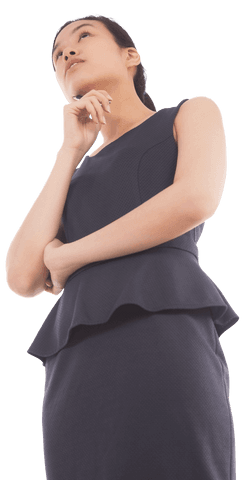 Transparent Thinking Businesswoman in Black Outfit Isolated