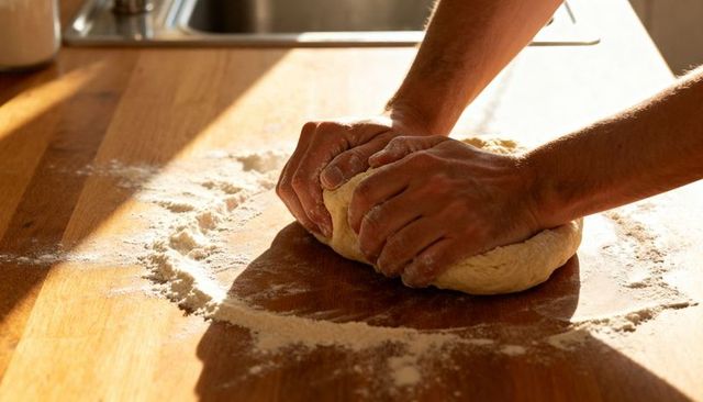 Hands Kneading Dough on Floured Wooden Countertop in Warm Rustic Kitchen