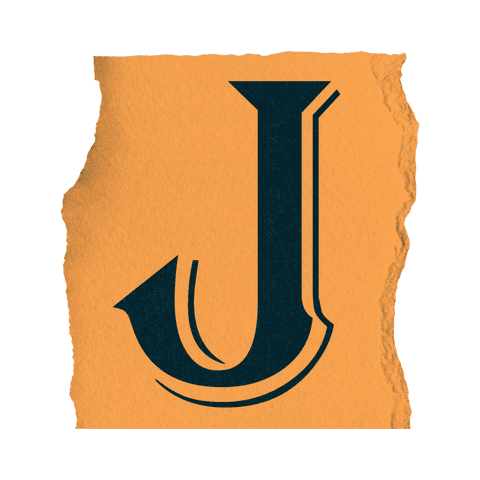 Stylized capital j on torn orange paper with transparent background